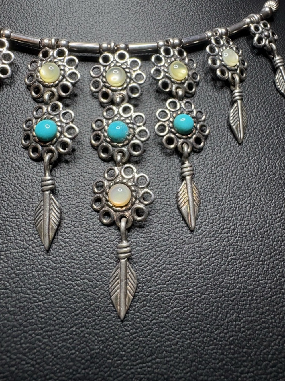 Necklace Artisan 925 Sterling Silver Floral Feather Turquoise Gemstone Choker - Picture 4 of 10
